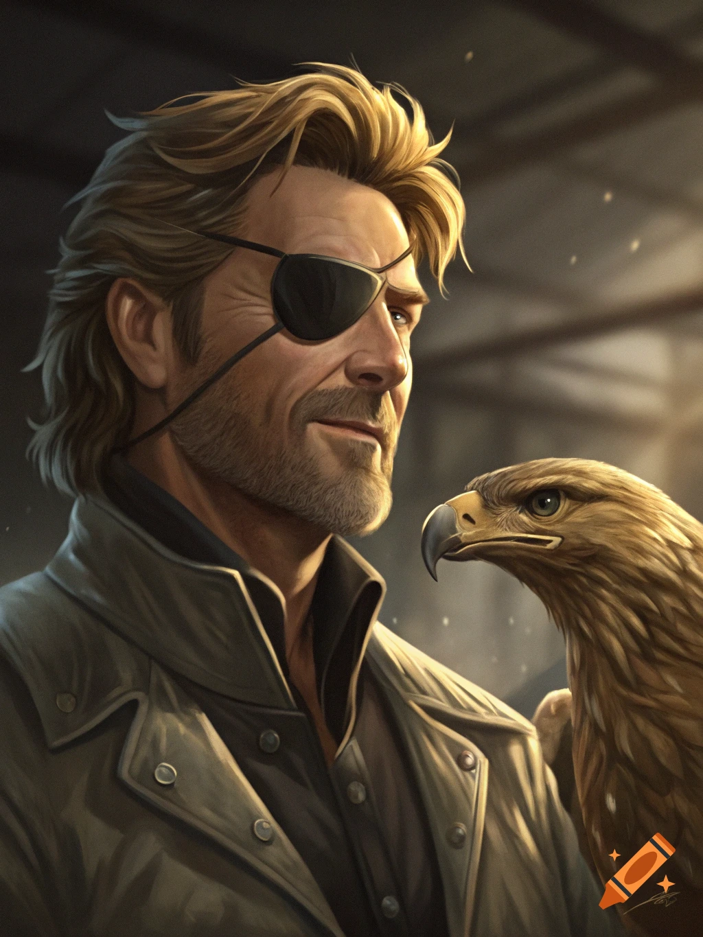 Portrait of a man with an eyepatch and beard looking at a golden eagle on his shoulder, realistic style.