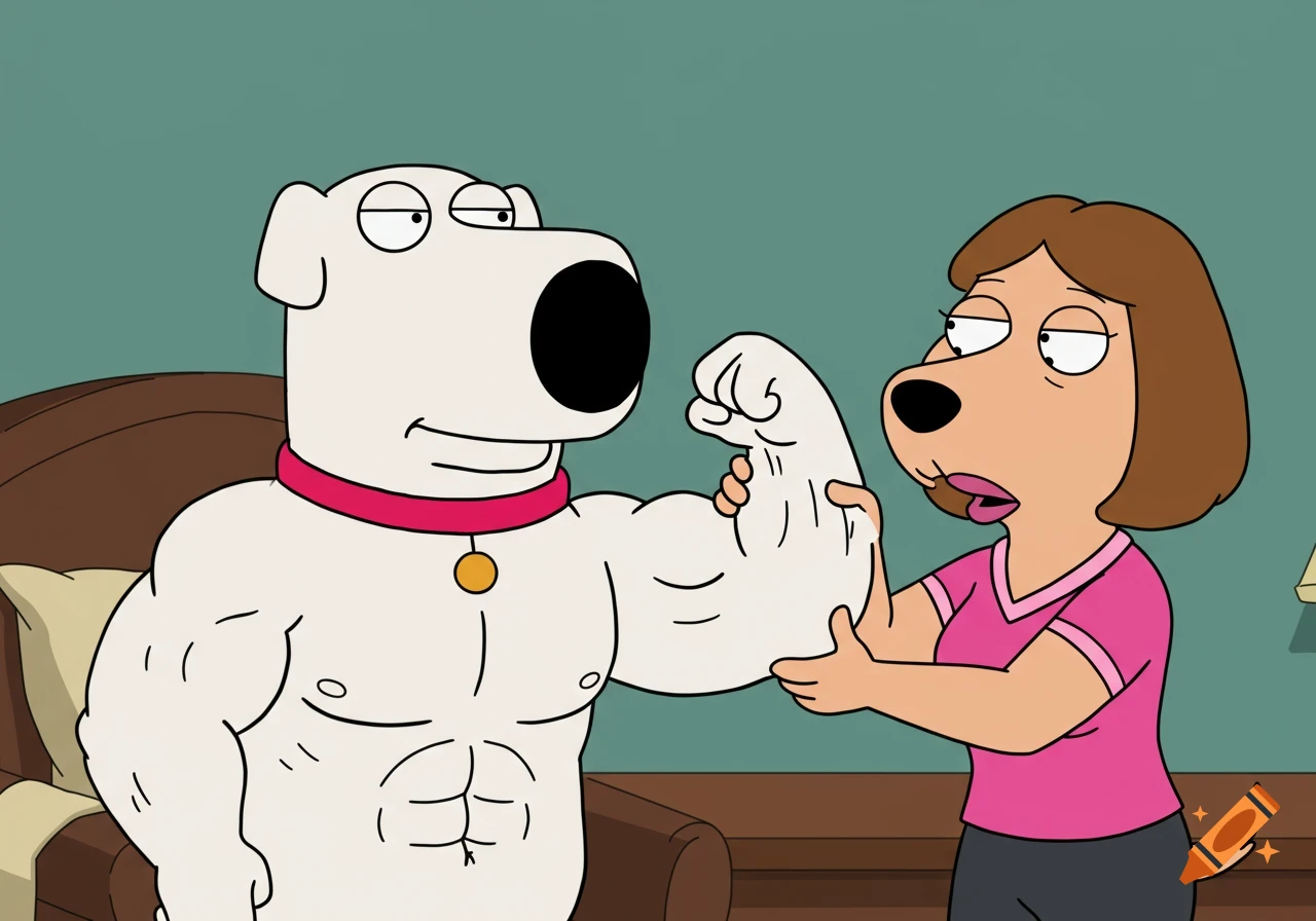 A muscular cartoon dog flexes his bicep while a female dog touches his arm, in a cartoon style.