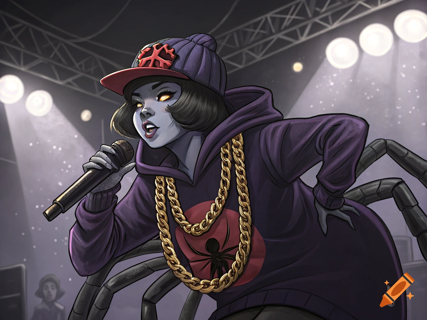 Spider character in purple hoodie and gold chain rapping on stage on ...