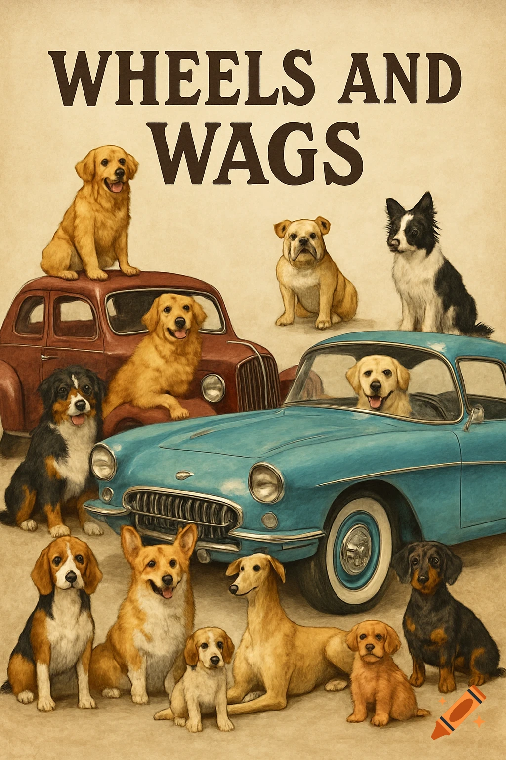 Dogs of various breeds with classic cars under the words 'Wheels and Wags' in an illustrative style.