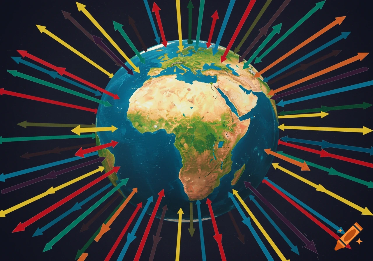 A globe centered on Africa with many colorful arrows pointing away from it into a dark background.