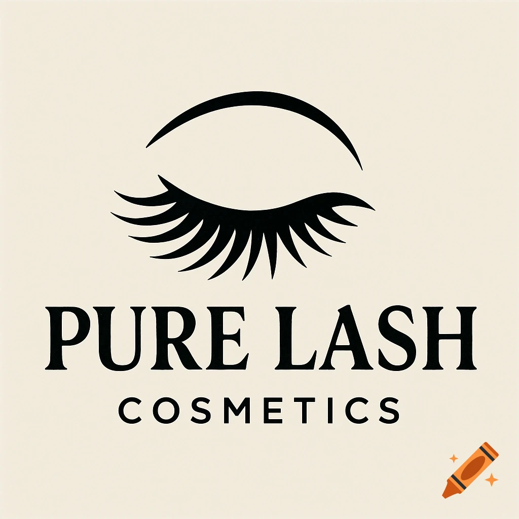 Black logo for Pure Lash Cosmetics with an eye and eyelashes symbol on a light background.