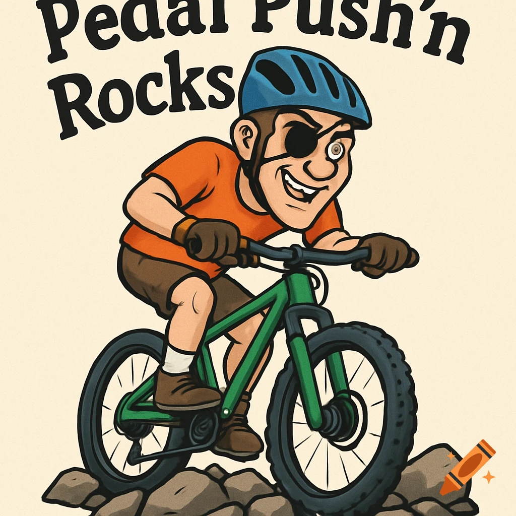 Cartoon mountain biker with eyepatch on a bike with the text "Pedal Push'n Rocks".