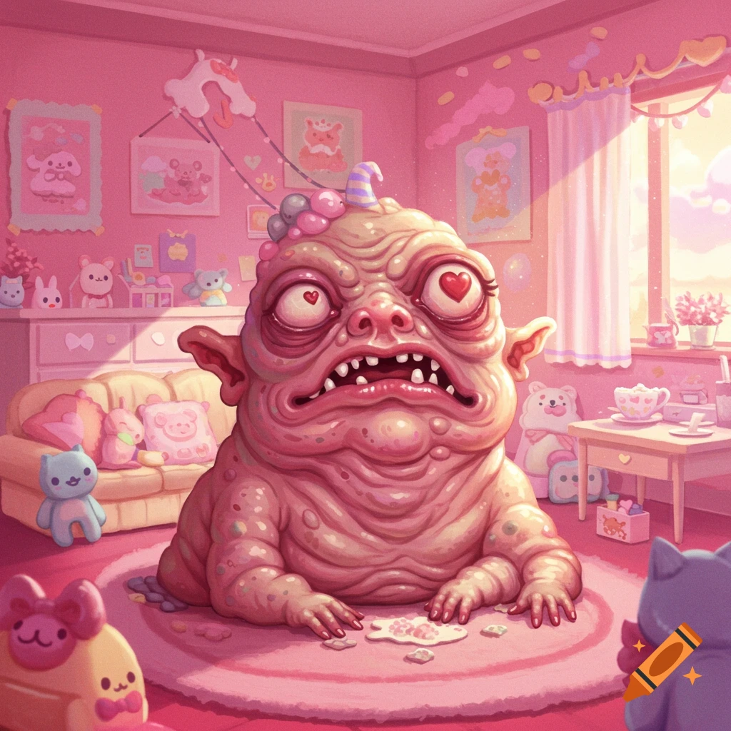 An ugly creature sits on a rug in a pink room filled with cute stuffed animals and decor.