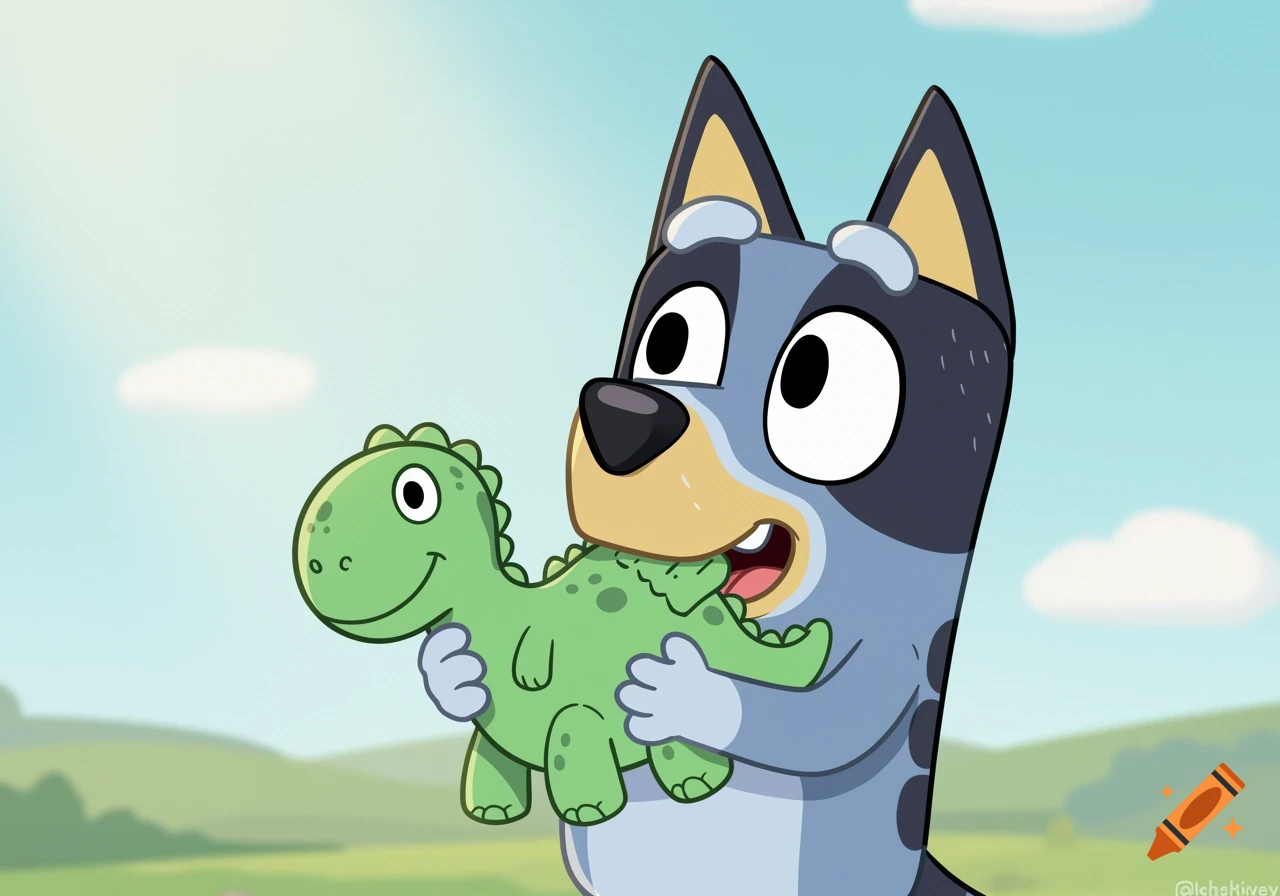 Cartoon dog Bluey holding a green toy dinosaur in her mouth