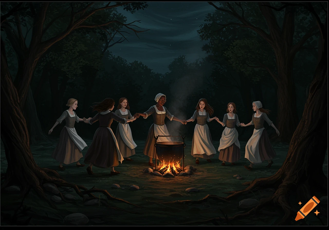 Seven women in historical dresses dancing around a large cauldron over a fire in a dark forest at night. Illustration.