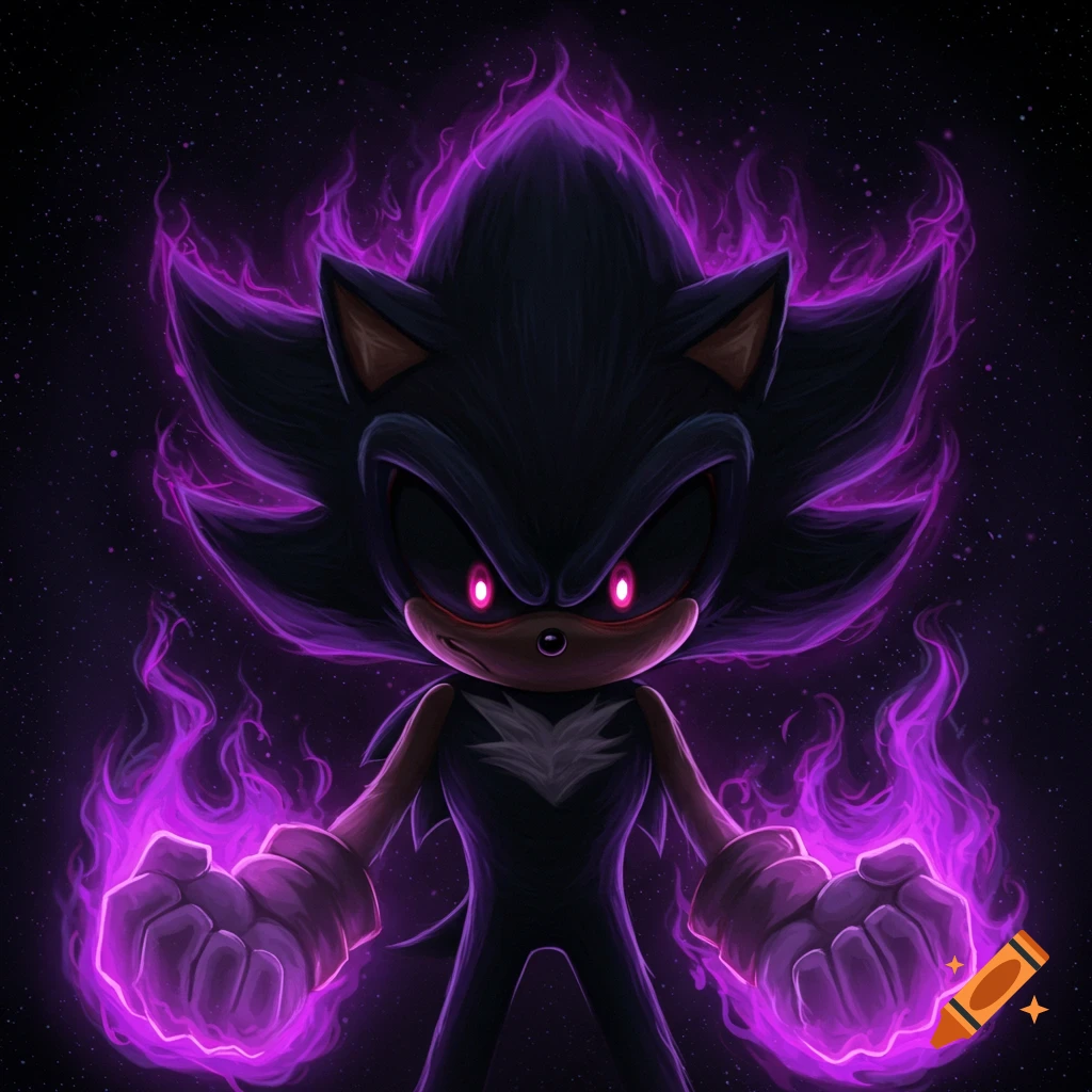 Dark Sonic character with glowing pink eyes and purple energy flames around head and fists