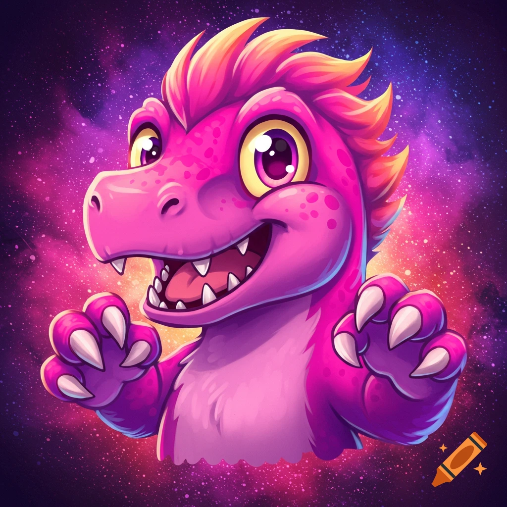 A bright pink cartoon dinosaur with sharp teeth and claws against a starry space background.