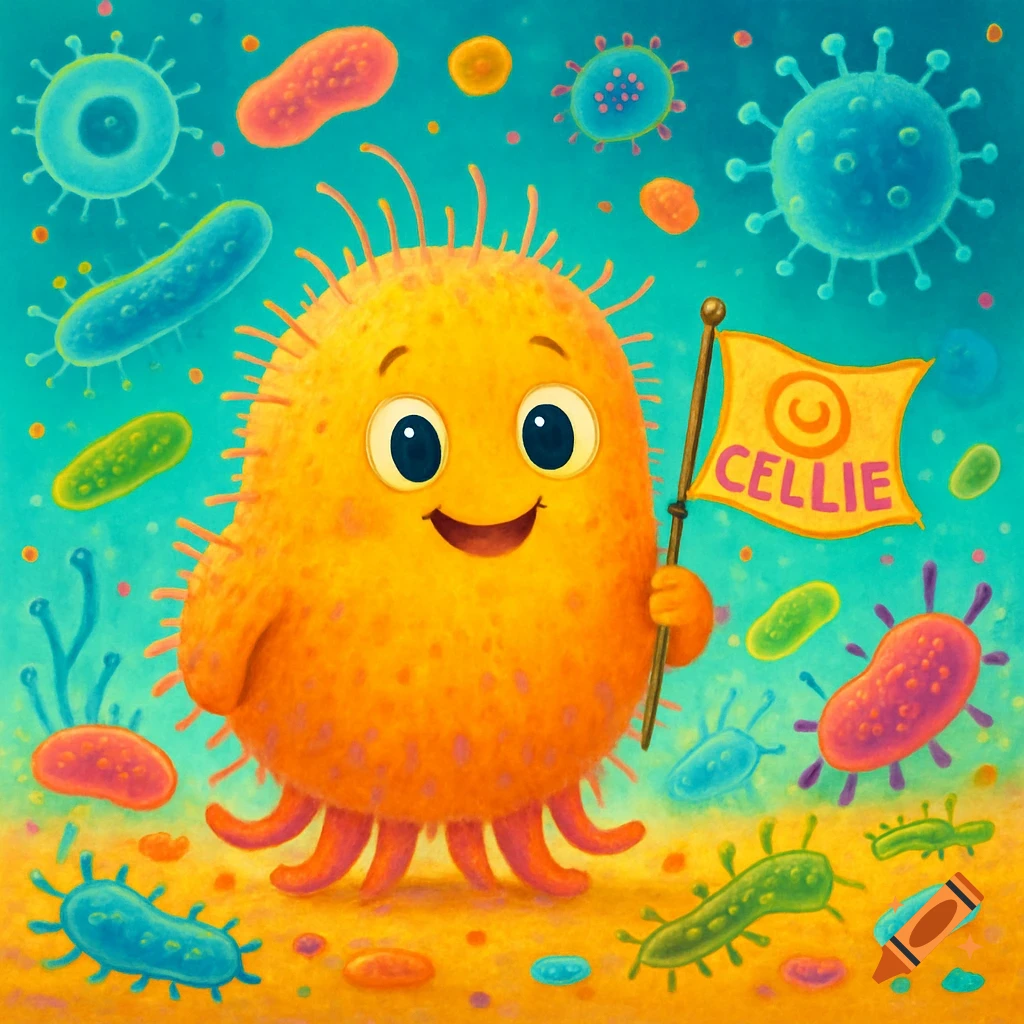 A cheerful orange cartoon microorganism holds a flag labeled 'CELLIE' surrounded by colorful microbes in a vibrant scene.