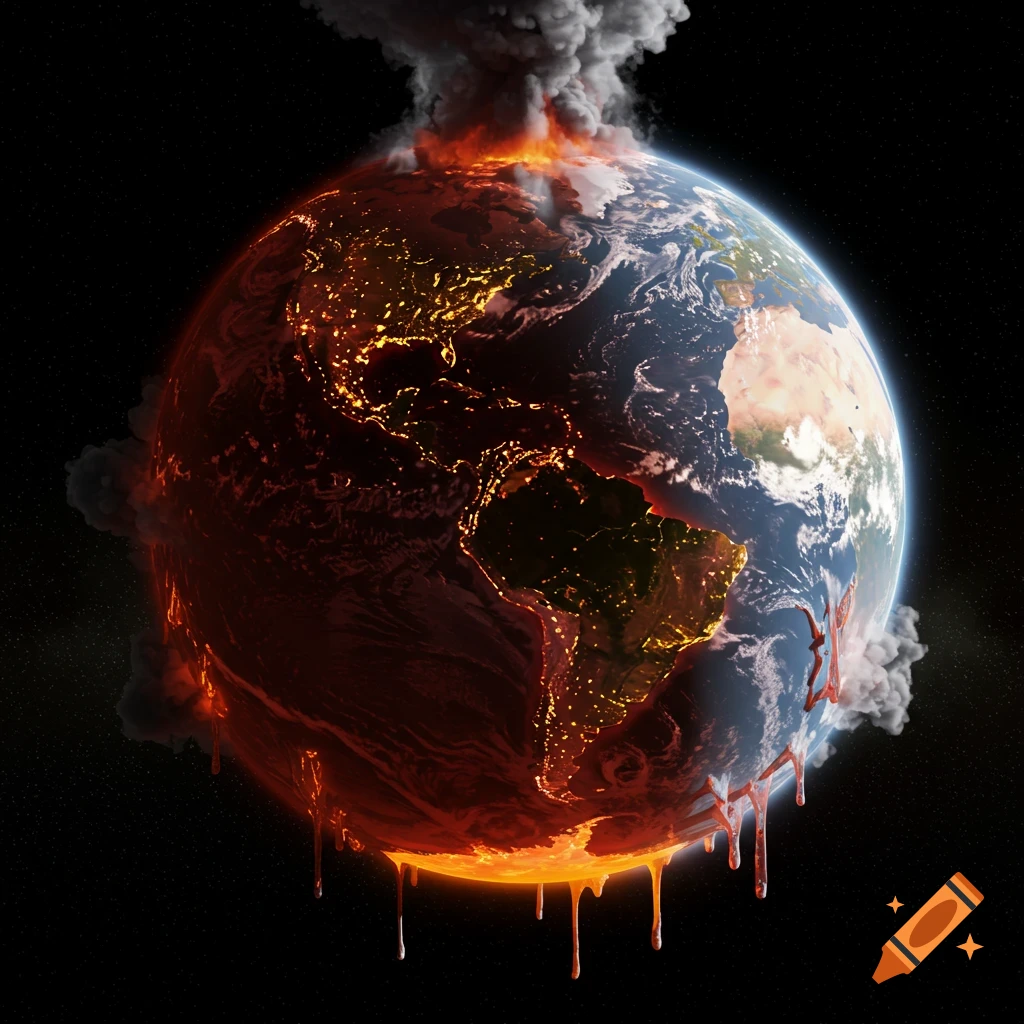 The Earth appears to be melting and burning, with smoke rising and lava dripping.