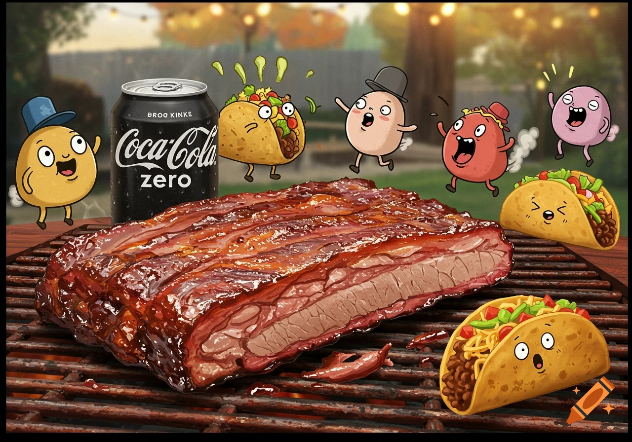 An illustration of a brisket on a grill with cartoon tacos, a soda can, and cartoon characters.