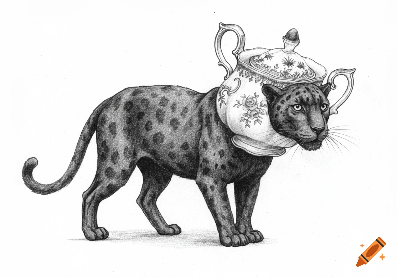 Surreal pencil drawing of a black panther with a decorative teapot fused onto its head and neck.