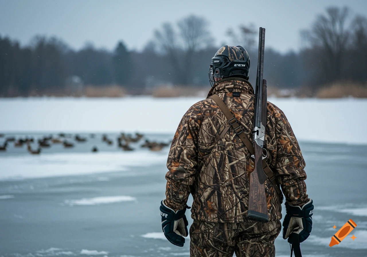 A person in camouflage and a hockey helmet stands on a frozen lake with a shotgun, watching ducks in the distance.