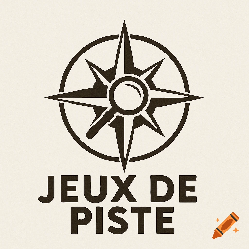 A logo featuring a compass rose with a magnifying glass in the center, above the text 'JEUX DE PISTE'.