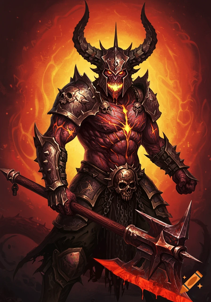 A demonic figure in dark armor with horns and glowing eyes holds a large axe against a fiery background.