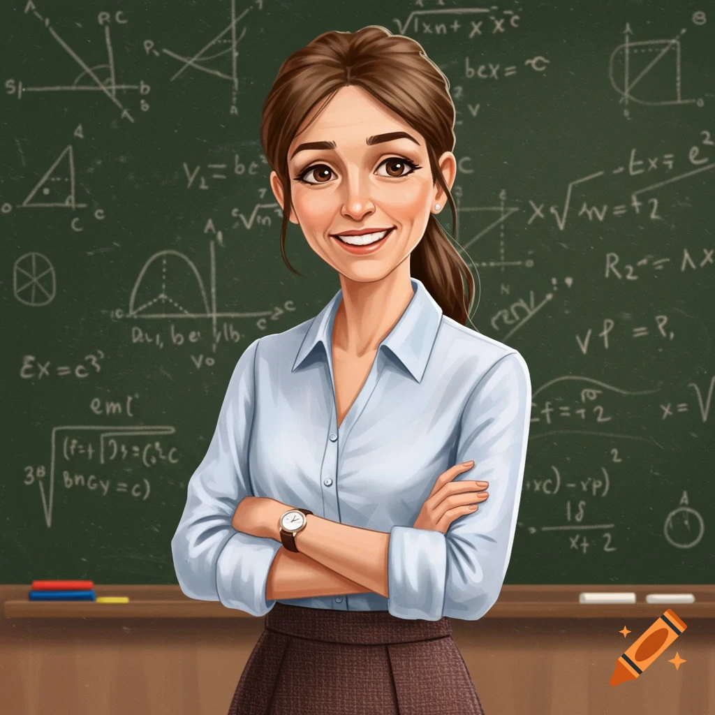 Stylized illustration of a female teacher in front of a math-covered blackboard.