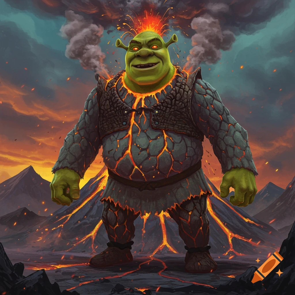 Shrek as a lava monster stands in front of a erupting volcano