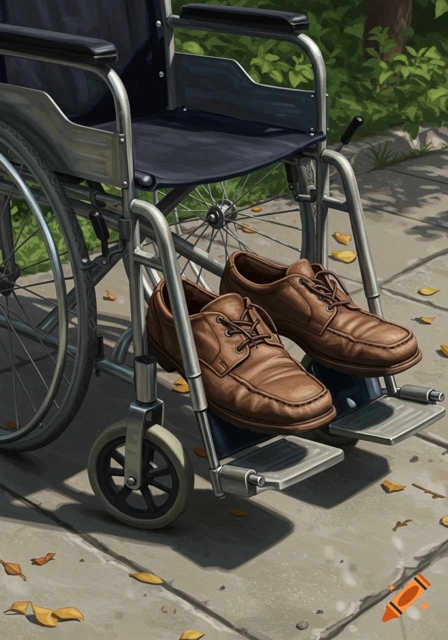 A detailed illustration of a wheelchair with a pair of brown shoes resting on the footrests on a sidewalk.