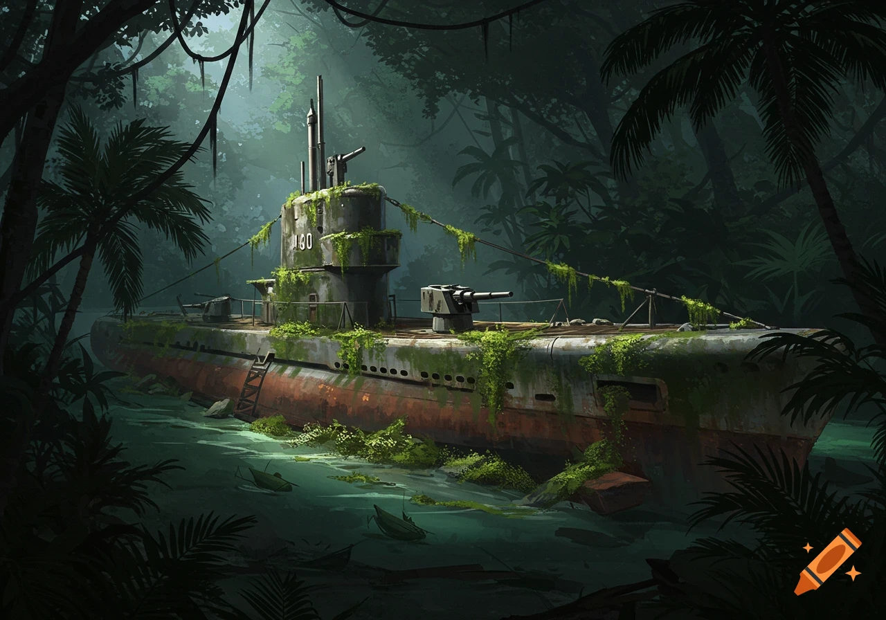 A decaying World War 2 submarine sits in a jungle river, covered in moss and vines.