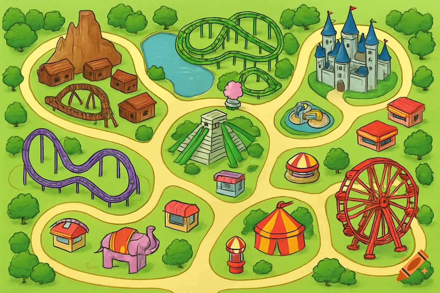 Cartoon overhead map of a theme park with rides, buildings, and paths.