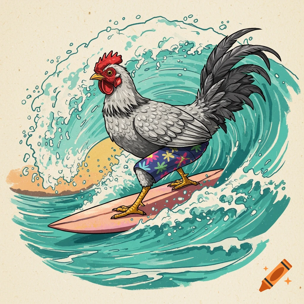 A cartoon illustration of a chicken surfing a wave.
