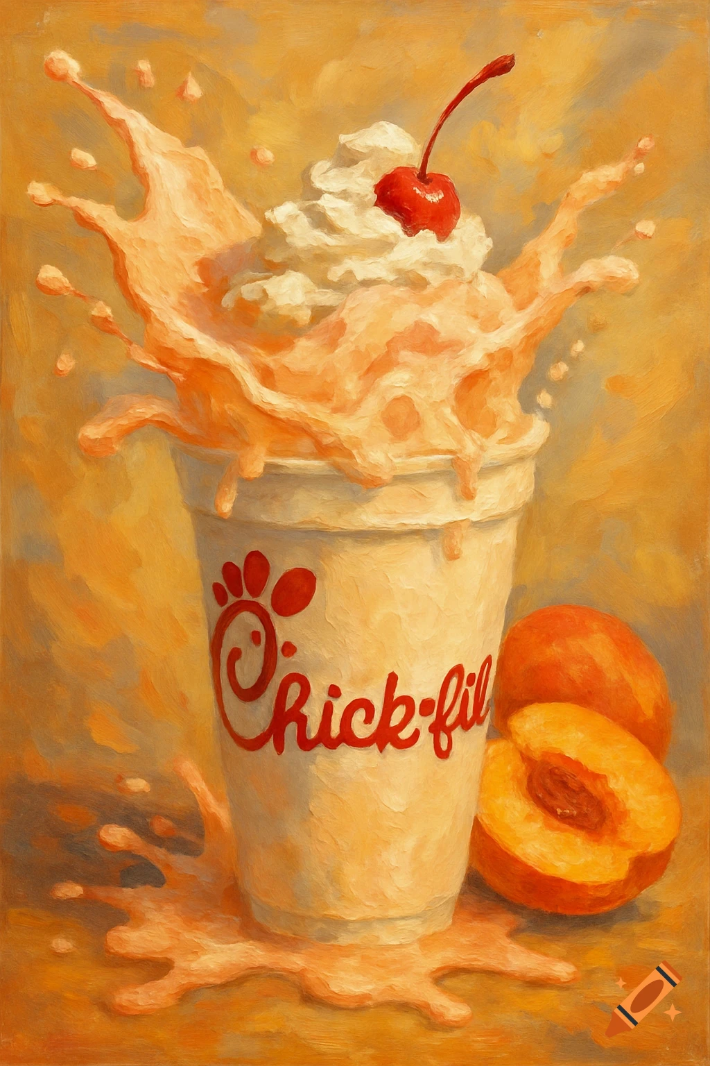 Painting of a Chick-fil-A peach milkshake with whipped cream and a cherry on top, splashing out of the cup, with peaches beside it.