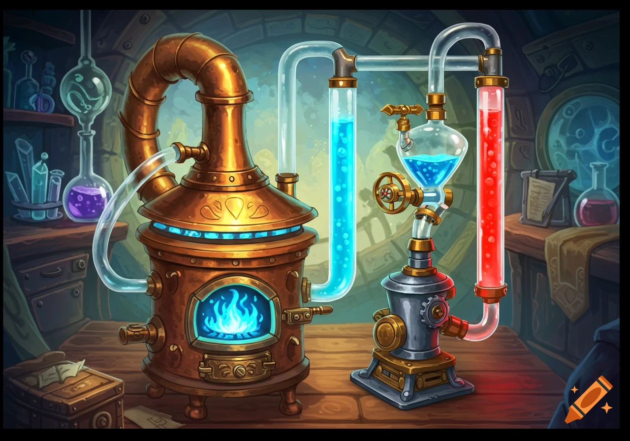 Stylized illustration of an elaborate alchemy or science apparatus with copper boiler, glass tubes, and colorful liquids.