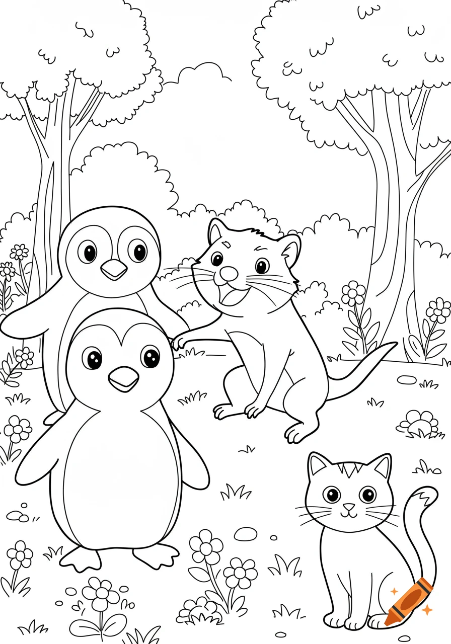 A black and white line drawing of two penguins, a cat, and a weasel-like animal standing in a forest clearing, in the style of a coloring page.