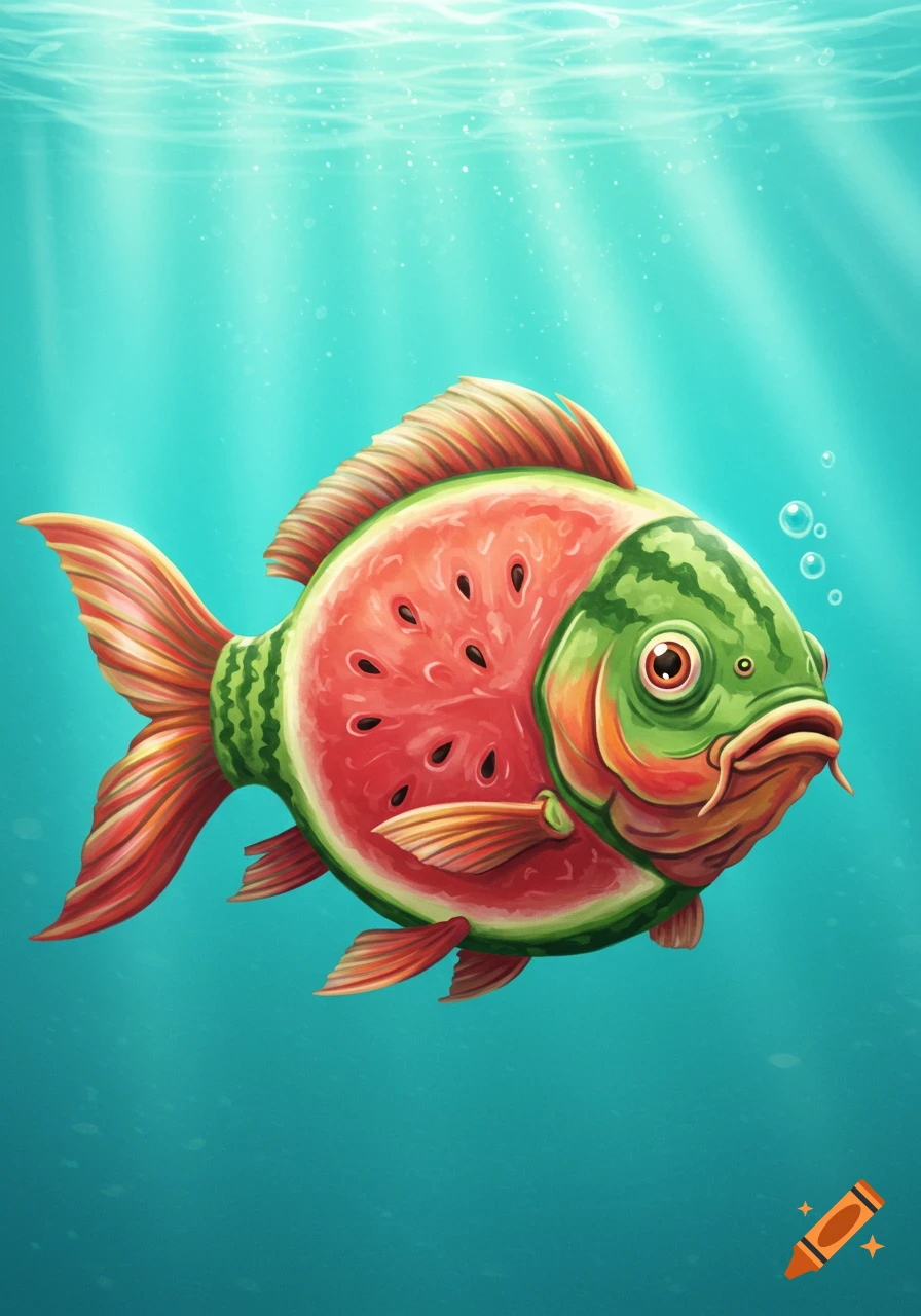 An illustration of a fish with a watermelon body swimming underwater.