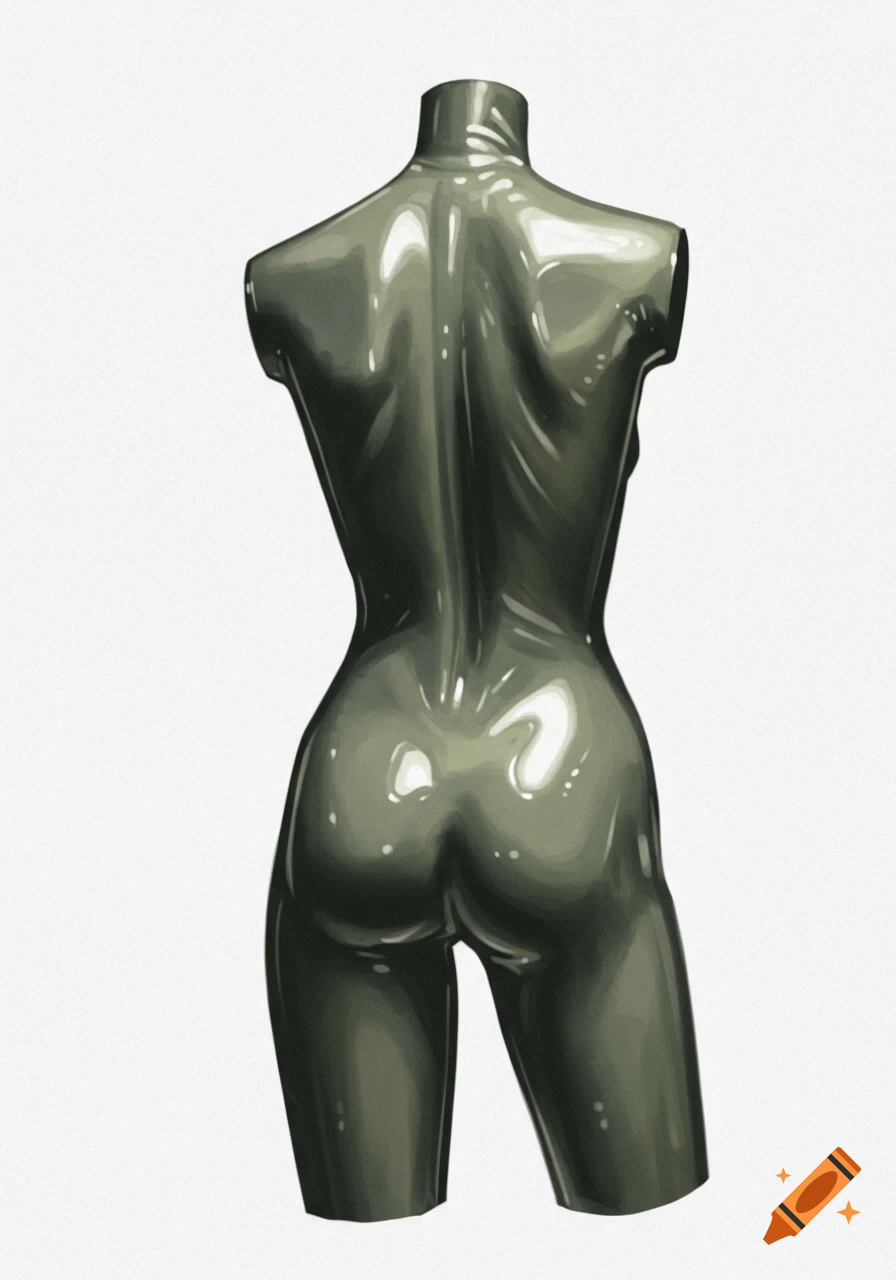 Digital painting of the back of a glossy dark mannequin torso.