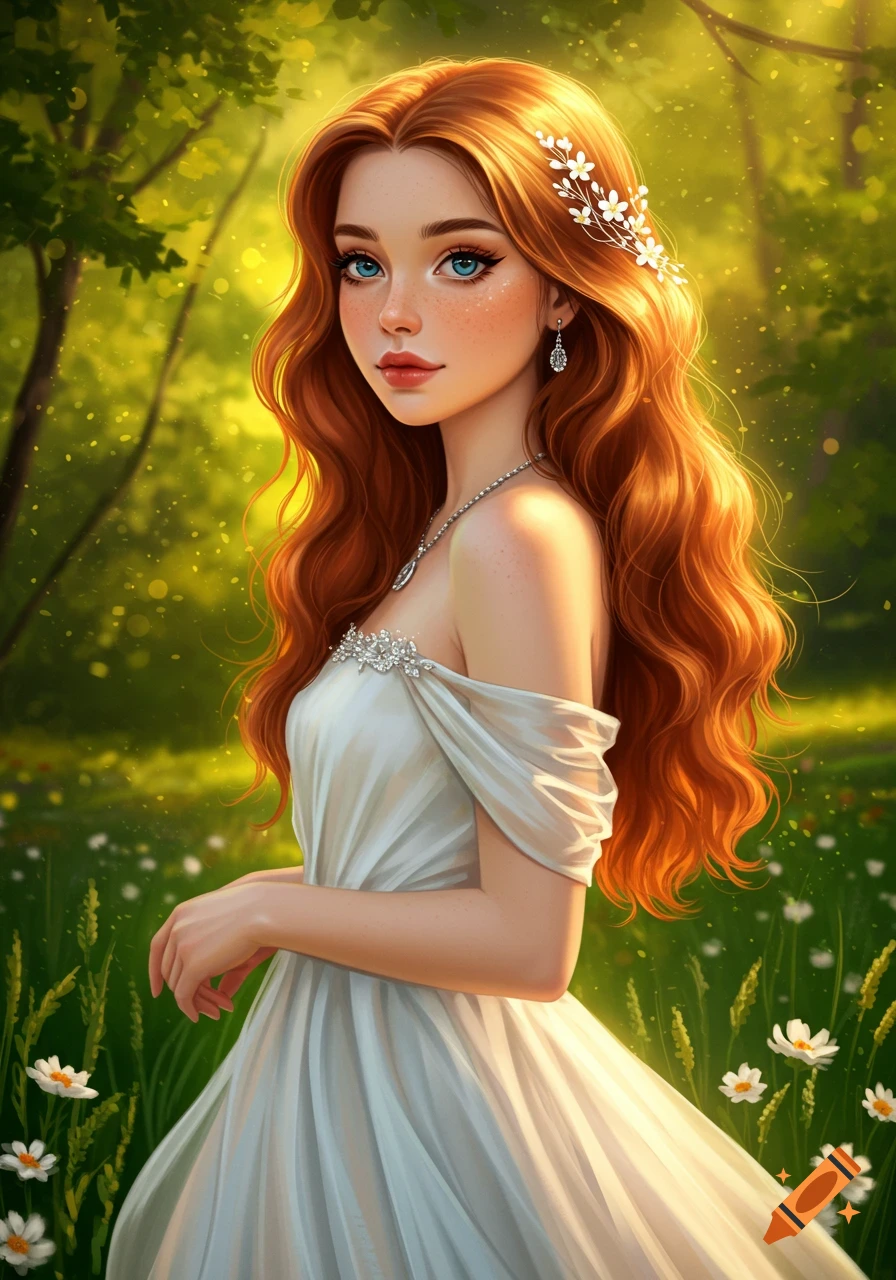 Fantasy art portrait of a young woman with long red hair and blue eyes ...