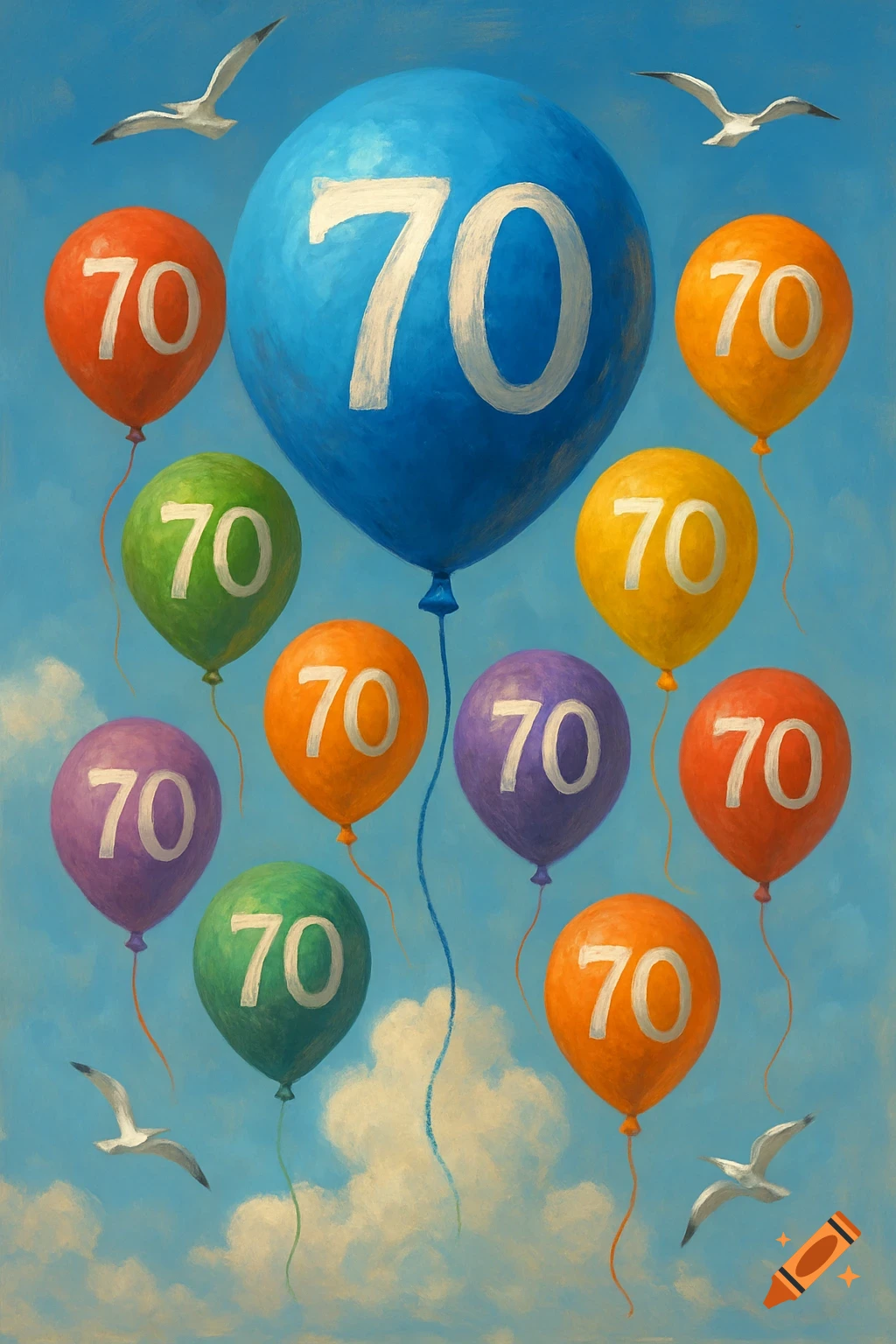 Colorful balloons with '70' float in a painted sky with seagulls.