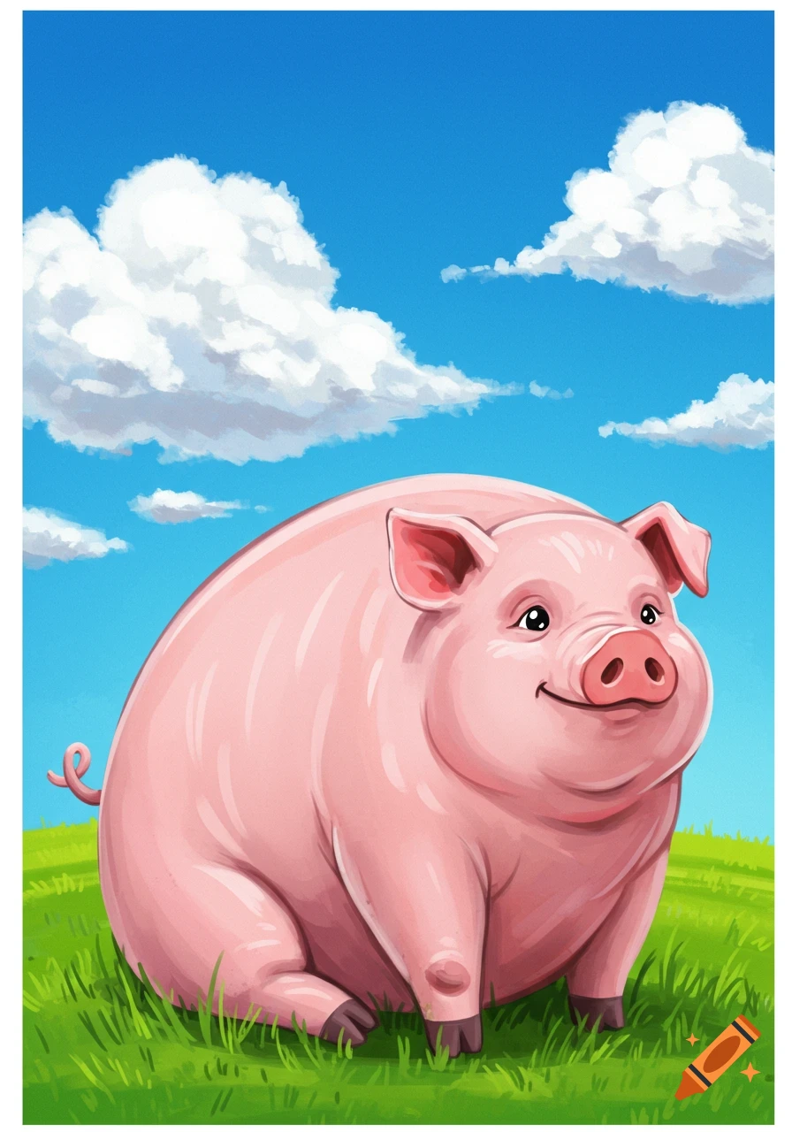 A cartoon illustration of a pink pig sitting in a grassy field under a blue sky with white clouds.