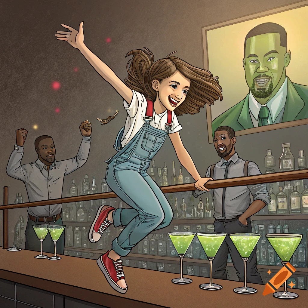 Stylized illustration of a girl jumping on a bar with green cocktails and people in the background, including a portrait of Kanye West.