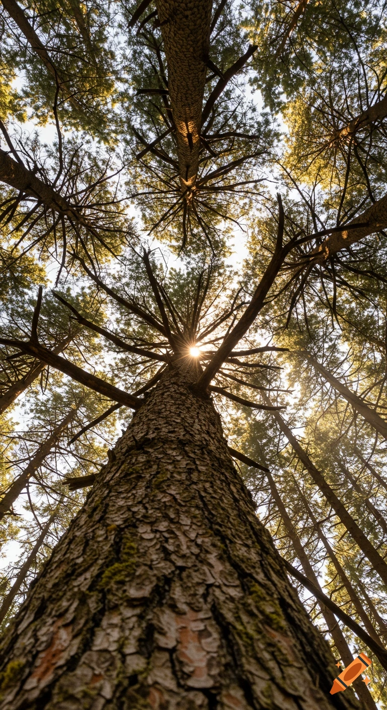 Looking up at tall pine trees with sunlight filtering through branches and needles.