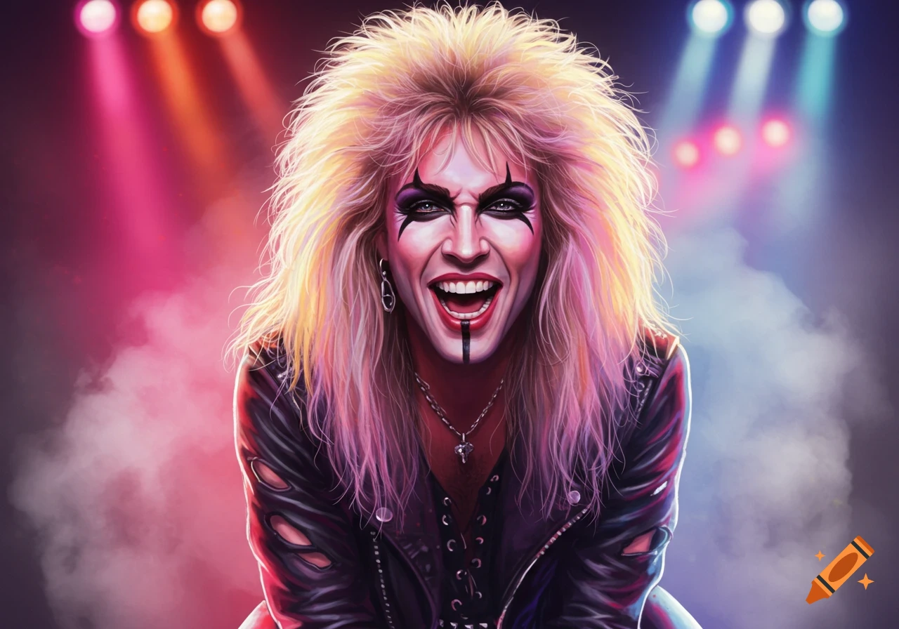 A digital painting of a hair metal singer with dramatic stage makeup, wild blonde hair, and a leather jacket, singing under red and purple stage lights.