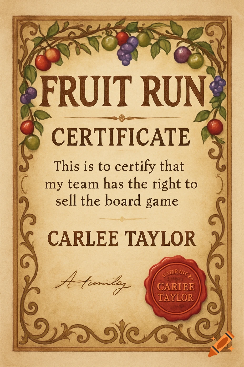 A certificate with a border of fruit and vines, featuring text about selling a board game and the name Carlee Taylor, with a red wax seal.