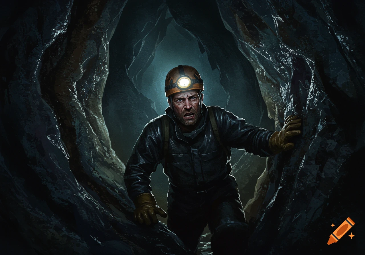 Digital painting of a distressed man in a dark cave