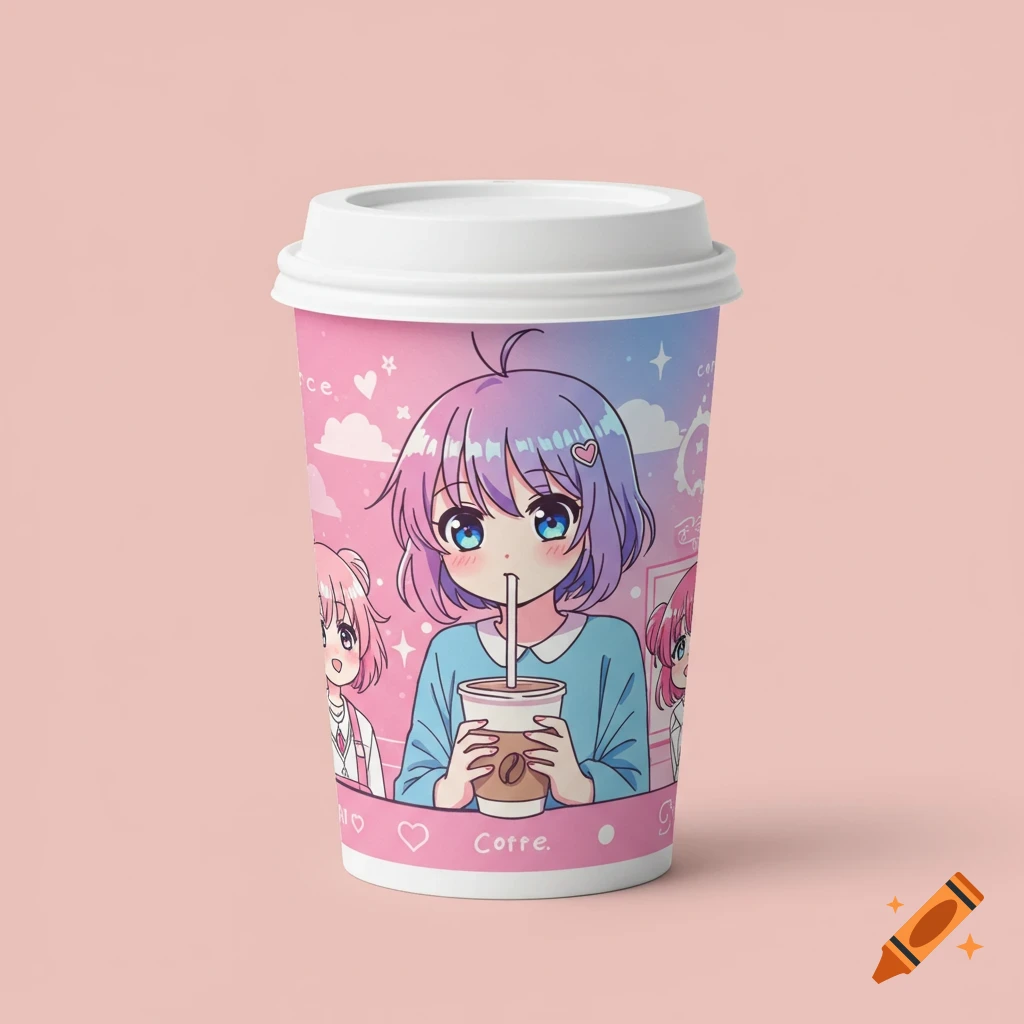 Coffee cup with an anime illustration of pastel-haired characters drinking beverages.
