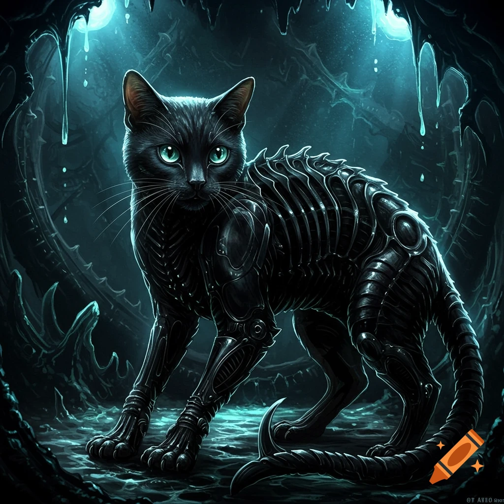 A black cat with biomechanical armor in a dark cavernous environment, in the style of H.R. Giger.