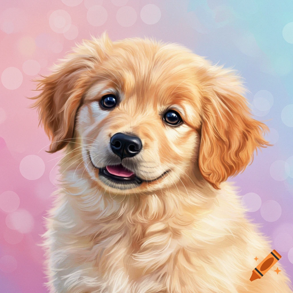 Close-up portrait of a golden retriever puppy against a colorful bokeh background.