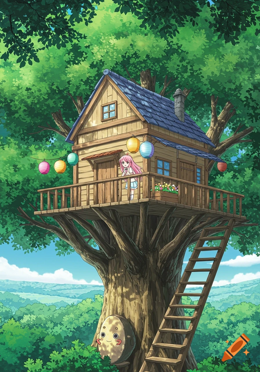 Anime illustration of a girl and a creature in a treehouse high in a lush green forest.