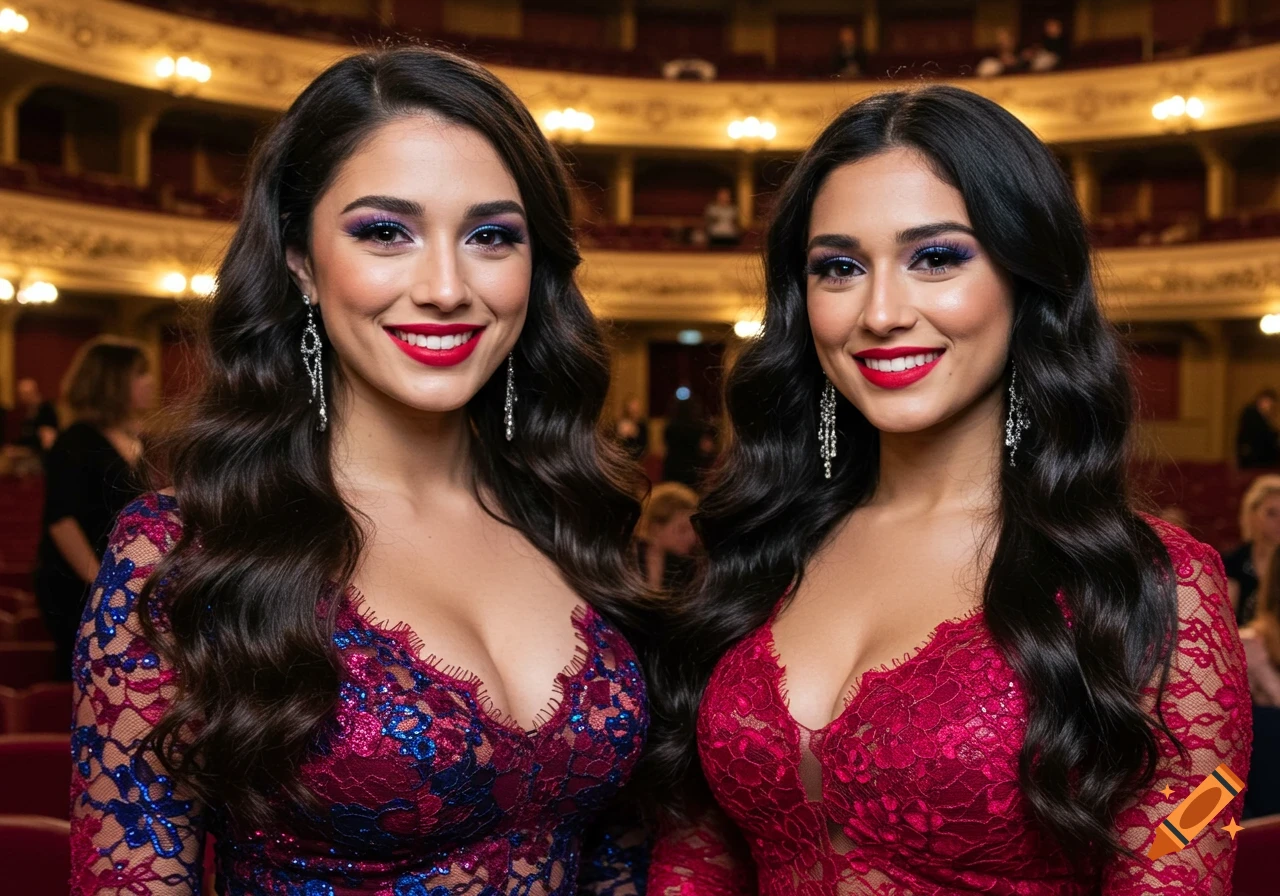 Two smiling women in formal dresses stand in a theatre.