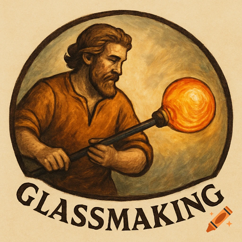 Illustration of a glassmaker holding a glowing glass orb, part of a logo with 'GLASSMAKING' text.