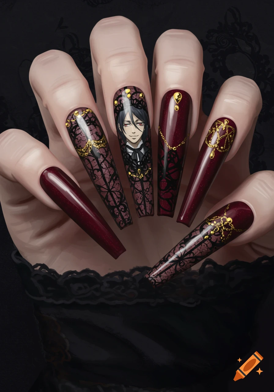 A hand with five long coffin-shaped nails painted dark red and decorated with black lace patterns, gold accents, and an anime character portrait.