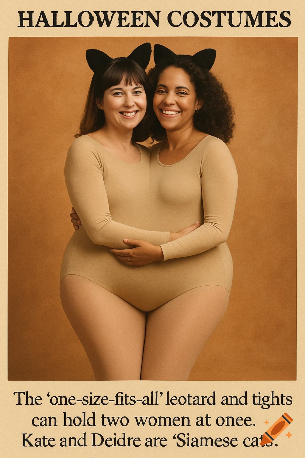 Two women sharing a leotard with cat ears for a Halloween costume photo. Text reads "Halloween Costumes" and description.