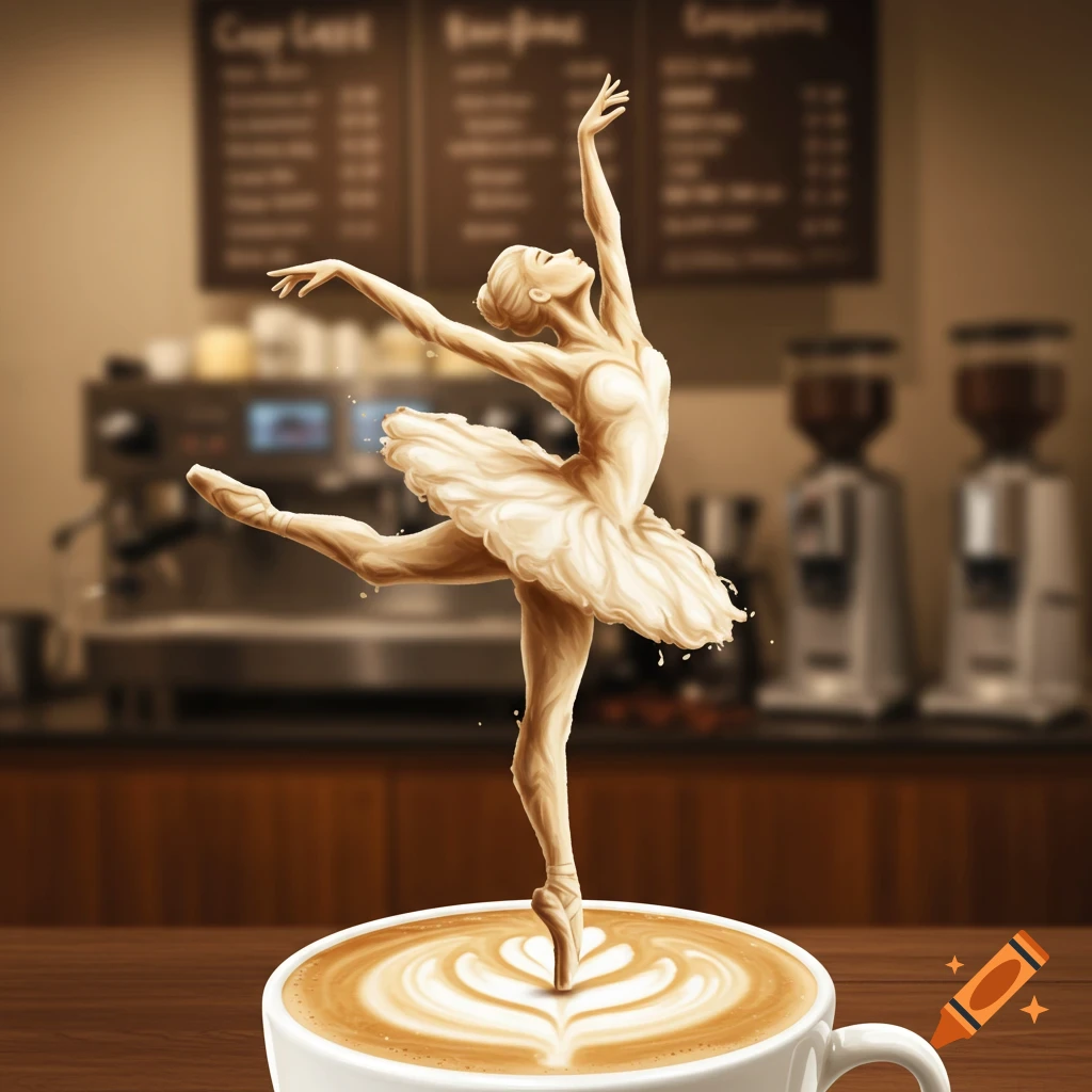 Ballerina figure made of latte art dances on top of a coffee cup in a cafe.
