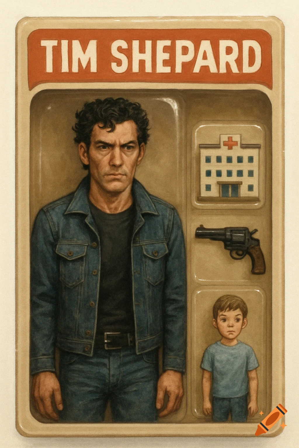 Action figure of a man in jean jacket in toy box labeled 'TIM SHEPARD' with miniature hospital, gun, and boy figures.