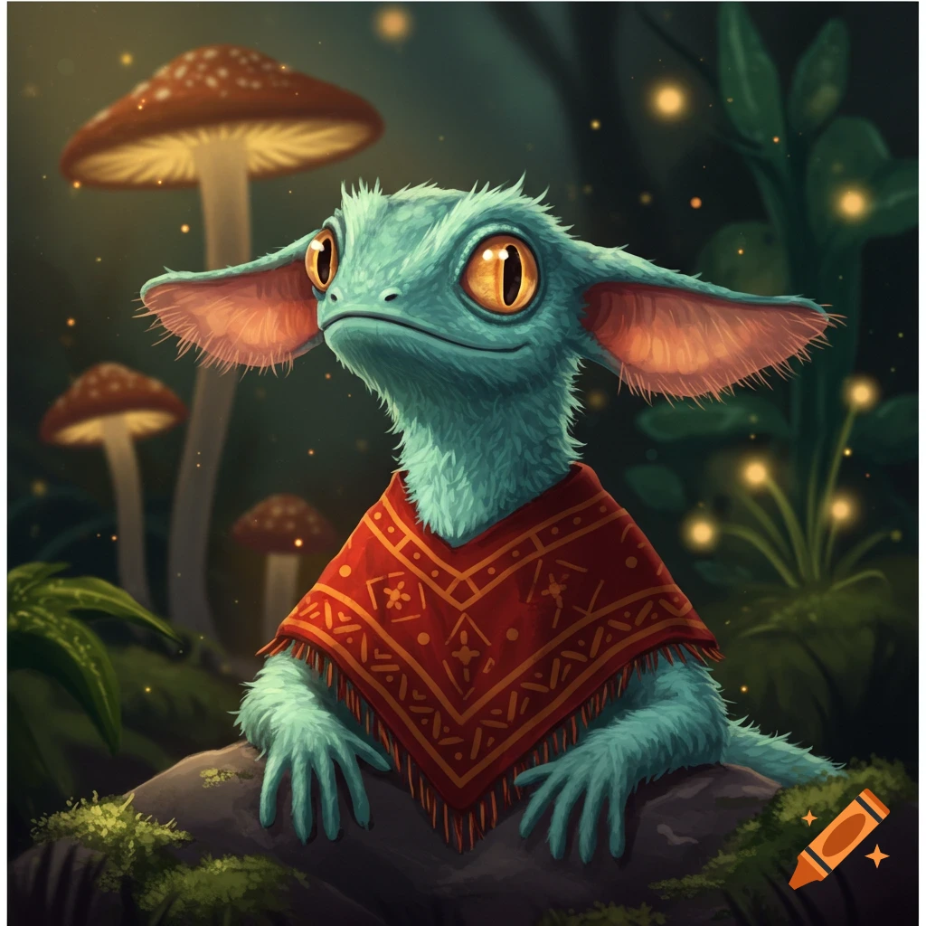 A blue furry creature with large ears and orange eyes wears a red poncho in a magical forest with glowing mushrooms.
