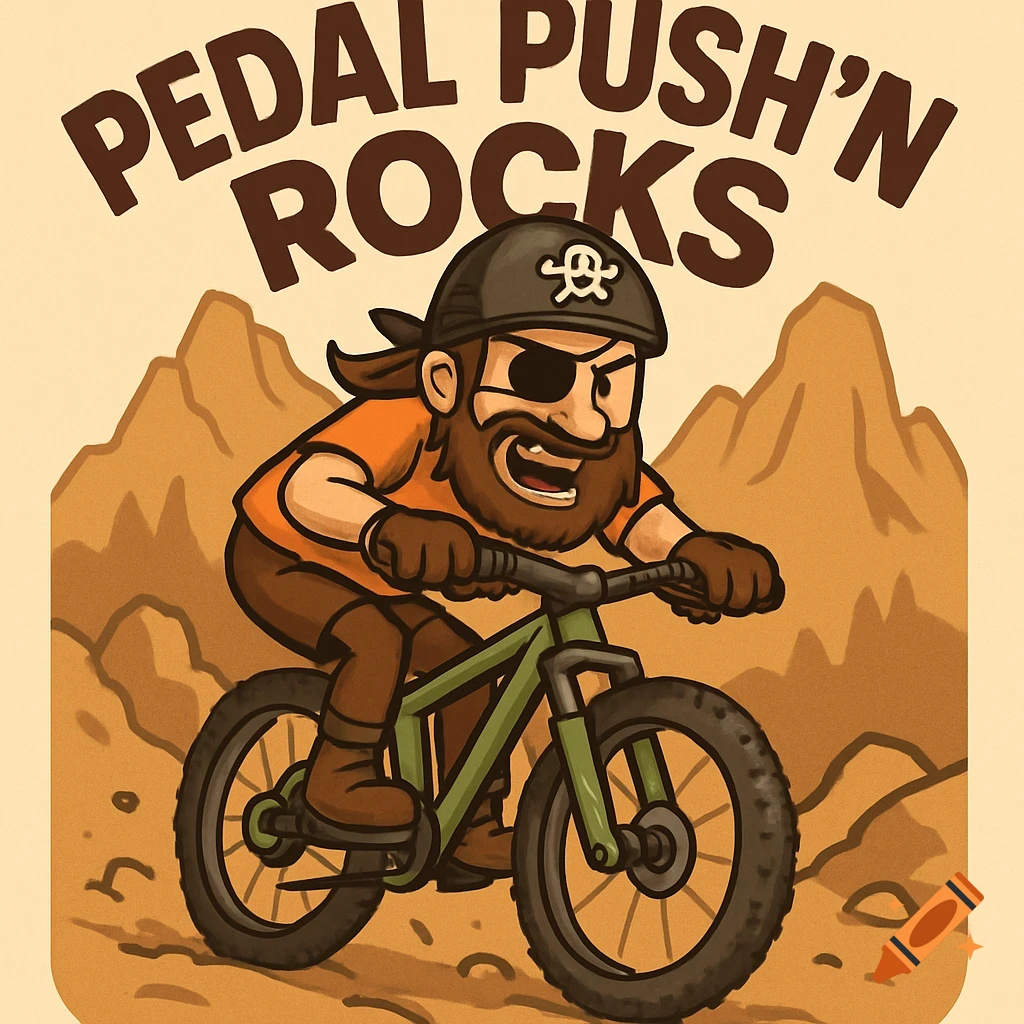 Cartoon pirate mountain biker rides through desert mountains with text Pedal Push'n Rocks.